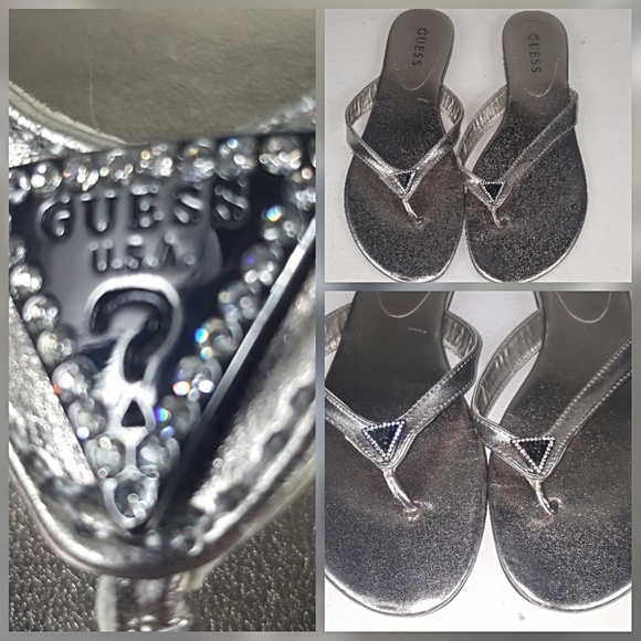 Guess Shoes - Guess bronze metallic logo rhinestone flip flops